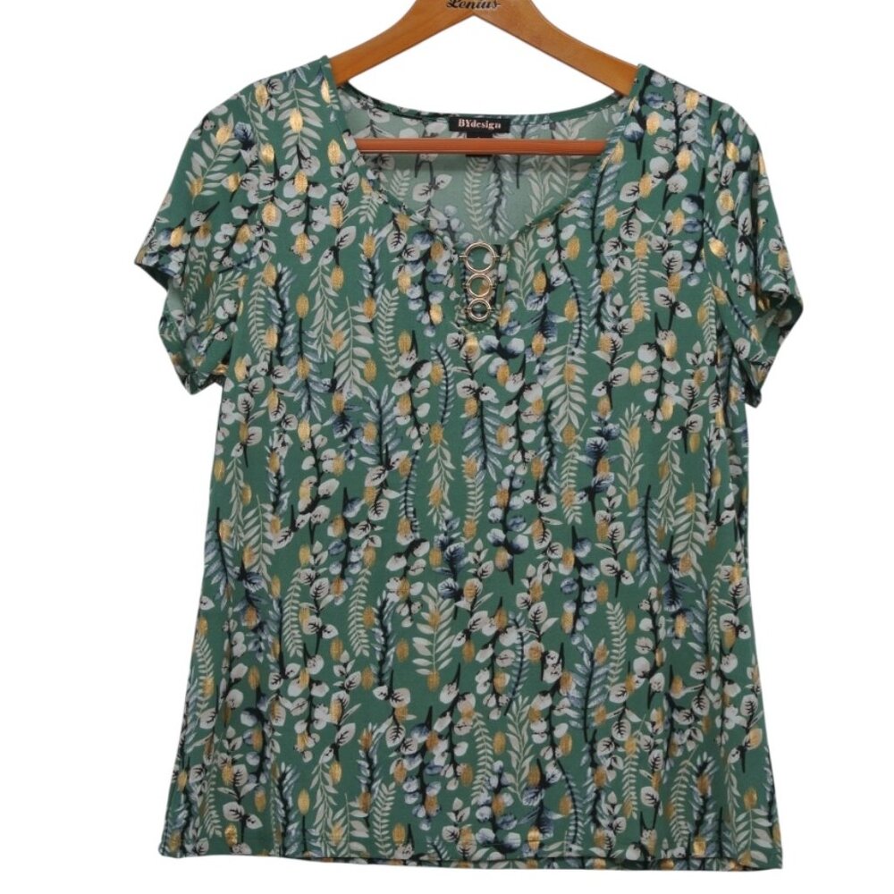 By‎ Design ⭐️ Green Floral Short Sleeve Top 🌱 L